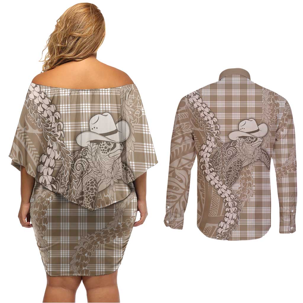 Beige Hawaii Palaka Cowboy Turtle Couples Matching Off Shoulder Short Dress and Long Sleeve Button Shirt Hawaiian Paniolo Puakenikeni Maile Lei - Polynesian Pride