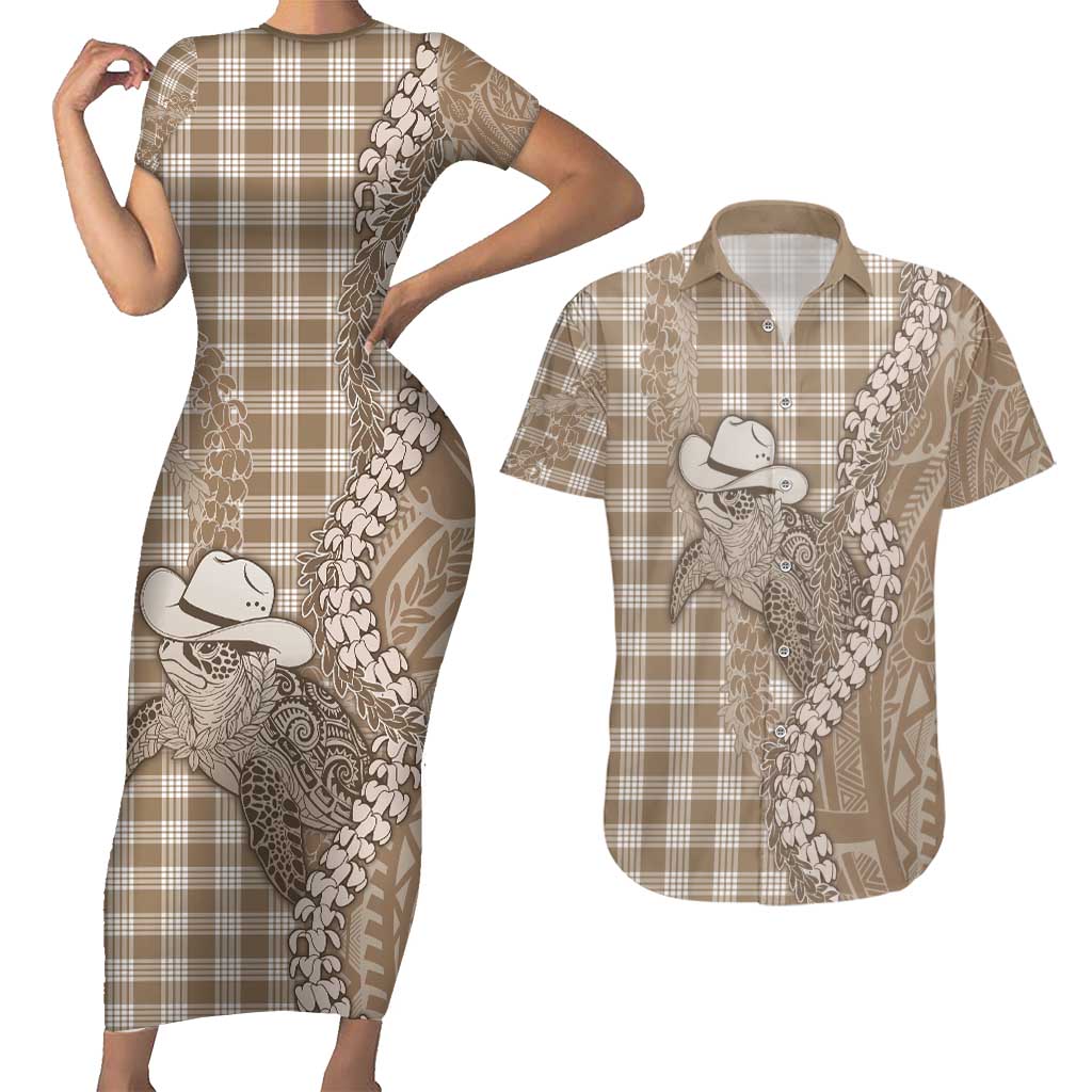 Beige Hawaii Palaka Cowboy Turtle Couples Matching Short Sleeve Bodycon Dress and Hawaiian Shirt Hawaiian Paniolo Puakenikeni Maile Lei - Polynesian Pride