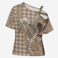 Beige Hawaii Palaka Cowboy Turtle Cross Shoulder Shirt Hawaiian Paniolo Puakenikeni Maile Lei - Polynesian Pride
