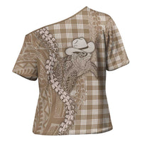 Beige Hawaii Palaka Cowboy Turtle Cross Shoulder Shirt Hawaiian Paniolo Puakenikeni Maile Lei - Polynesian Pride