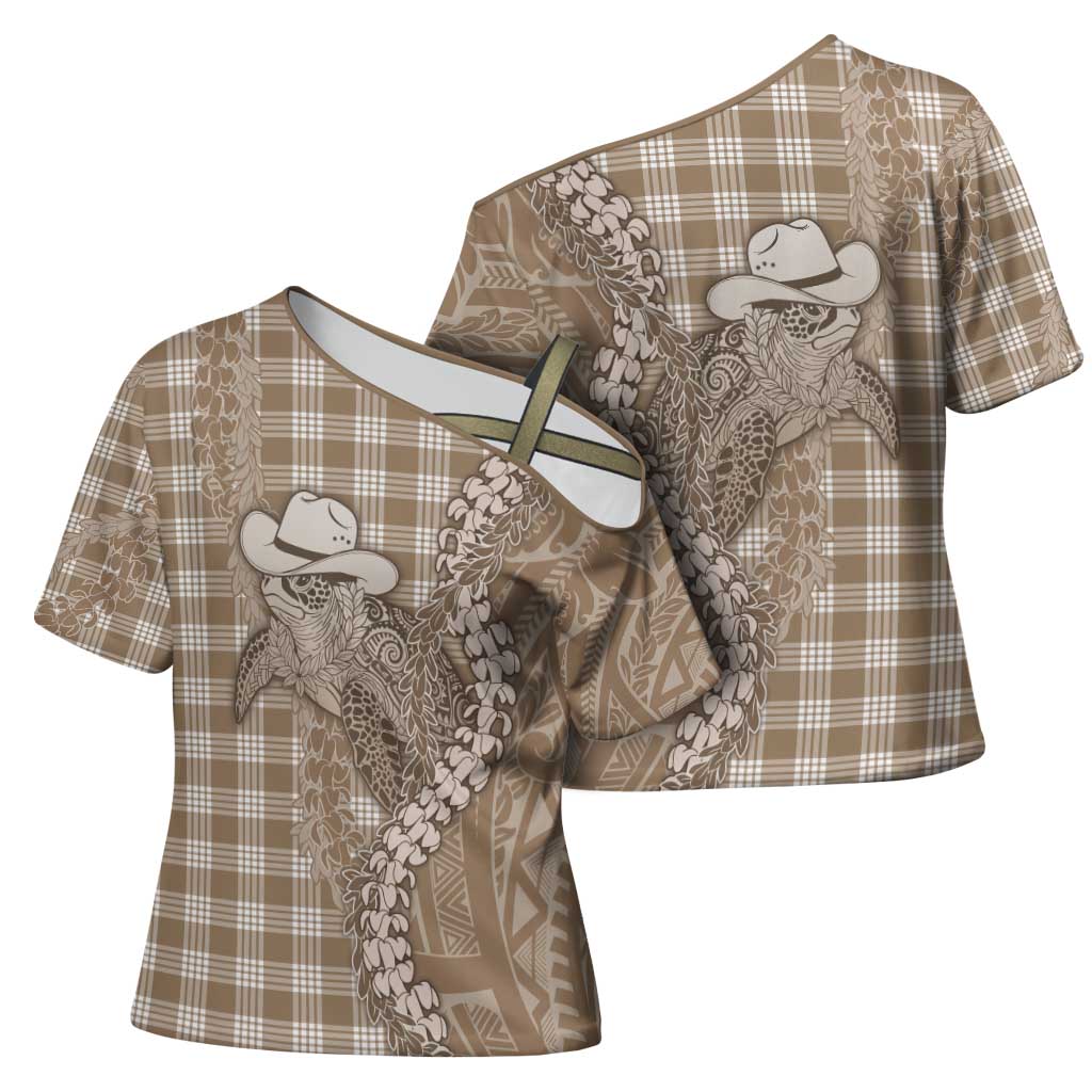 Beige Hawaii Palaka Cowboy Turtle Cross Shoulder Shirt Hawaiian Paniolo Puakenikeni Maile Lei - Polynesian Pride