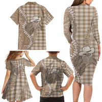 Beige Hawaii Palaka Cowboy Turtle Family Matching Long Sleeve Bodycon Dress and Hawaiian Shirt Hawaiian Paniolo Puakenikeni Maile Lei - Polynesian Pride