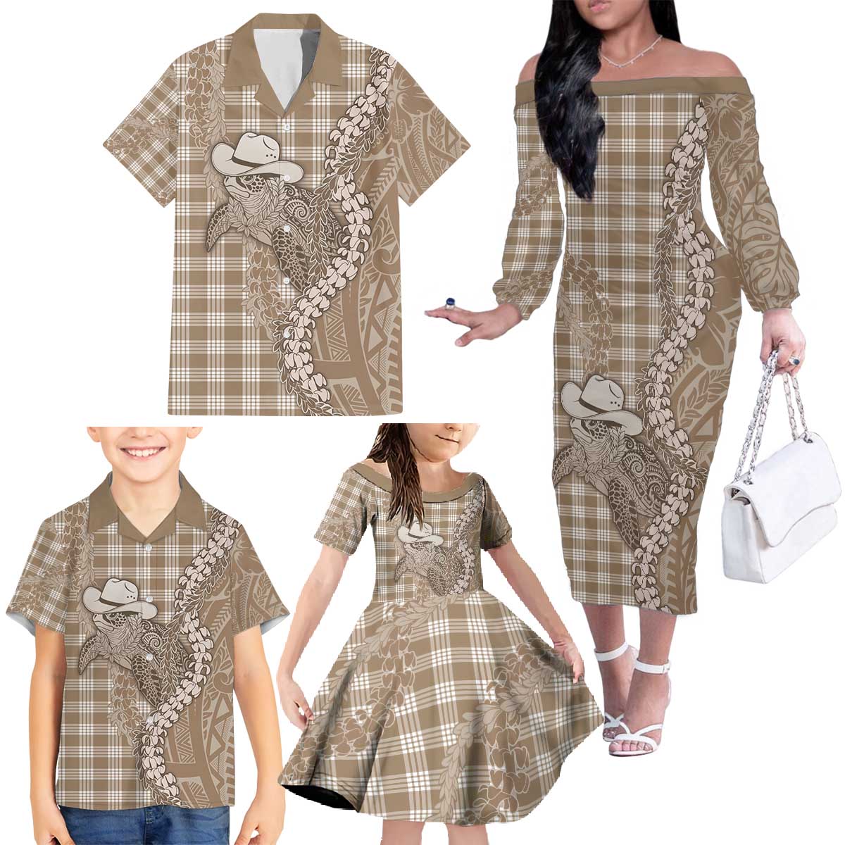 Beige Hawaii Palaka Cowboy Turtle Family Matching Off The Shoulder Long Sleeve Dress and Hawaiian Shirt Hawaiian Paniolo Puakenikeni Maile Lei - Polynesian Pride