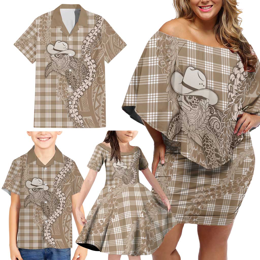Beige Hawaii Palaka Cowboy Turtle Family Matching Off Shoulder Short Dress and Hawaiian Shirt Hawaiian Paniolo Puakenikeni Maile Lei - Polynesian Pride
