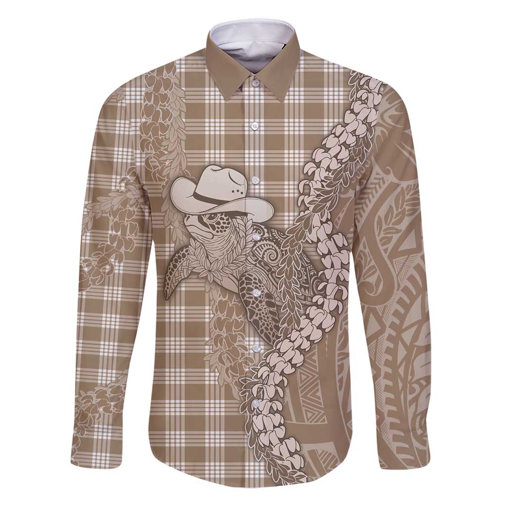 Beige Hawaii Palaka Cowboy Turtle Family Matching Puletasi and Hawaiian Shirt Hawaiian Paniolo Puakenikeni Maile Lei - Polynesian Pride
