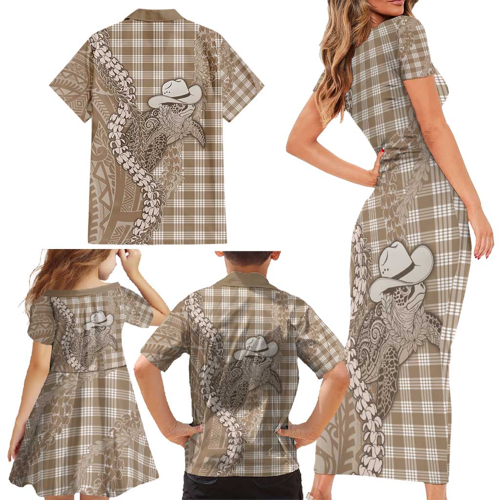 Beige Hawaii Palaka Cowboy Turtle Family Matching Short Sleeve Bodycon Dress and Hawaiian Shirt Hawaiian Paniolo Puakenikeni Maile Lei - Polynesian Pride