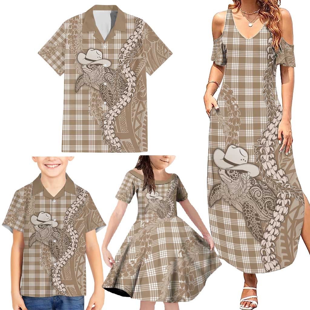 Beige Hawaii Palaka Cowboy Turtle Family Matching Summer Maxi Dress and Hawaiian Shirt Hawaiian Paniolo Puakenikeni Maile Lei - Polynesian Pride