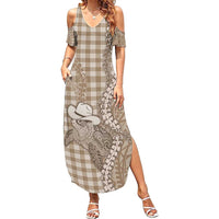 Beige Hawaii Palaka Cowboy Turtle Family Matching Summer Maxi Dress and Hawaiian Shirt Hawaiian Paniolo Puakenikeni Maile Lei - Polynesian Pride