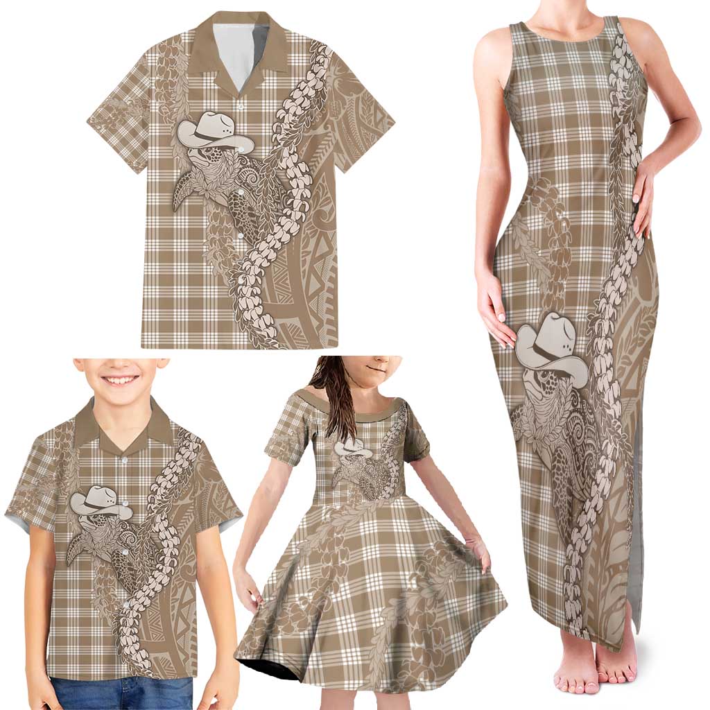 Beige Hawaii Palaka Cowboy Turtle Family Matching Tank Maxi Dress and Hawaiian Shirt Hawaiian Paniolo Puakenikeni Maile Lei - Polynesian Pride