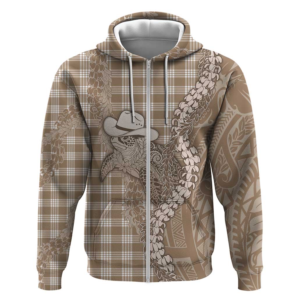 Beige Hawaii Palaka Cowboy Turtle Hoodie Hawaiian Paniolo Puakenikeni Maile Lei - Polynesian Pride