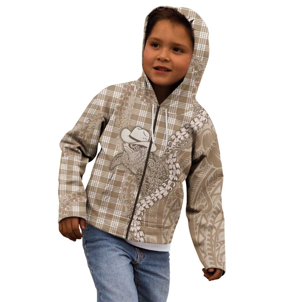 Beige Hawaii Palaka Cowboy Turtle Kid Hoodie Hawaiian Paniolo Puakenikeni Maile Lei - Polynesian Pride