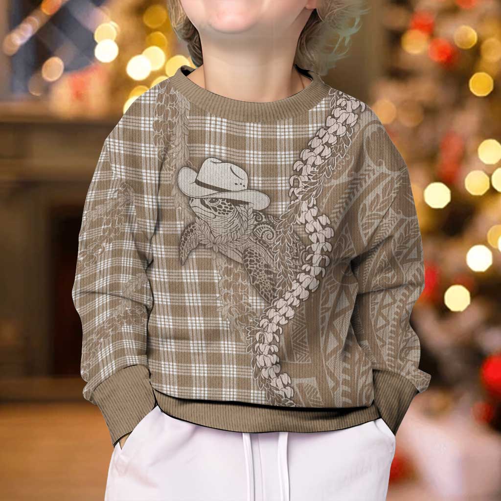 Beige Hawaii Palaka Cowboy Turtle Kid Ugly Christmas Sweater Hawaiian Paniolo Puakenikeni Maile Lei - Polynesian Pride