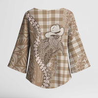 Beige Hawaii Palaka Cowboy Turtle Kimono Sleeve Blouse Hawaiian Paniolo Puakenikeni Maile Lei - Polynesian Pride