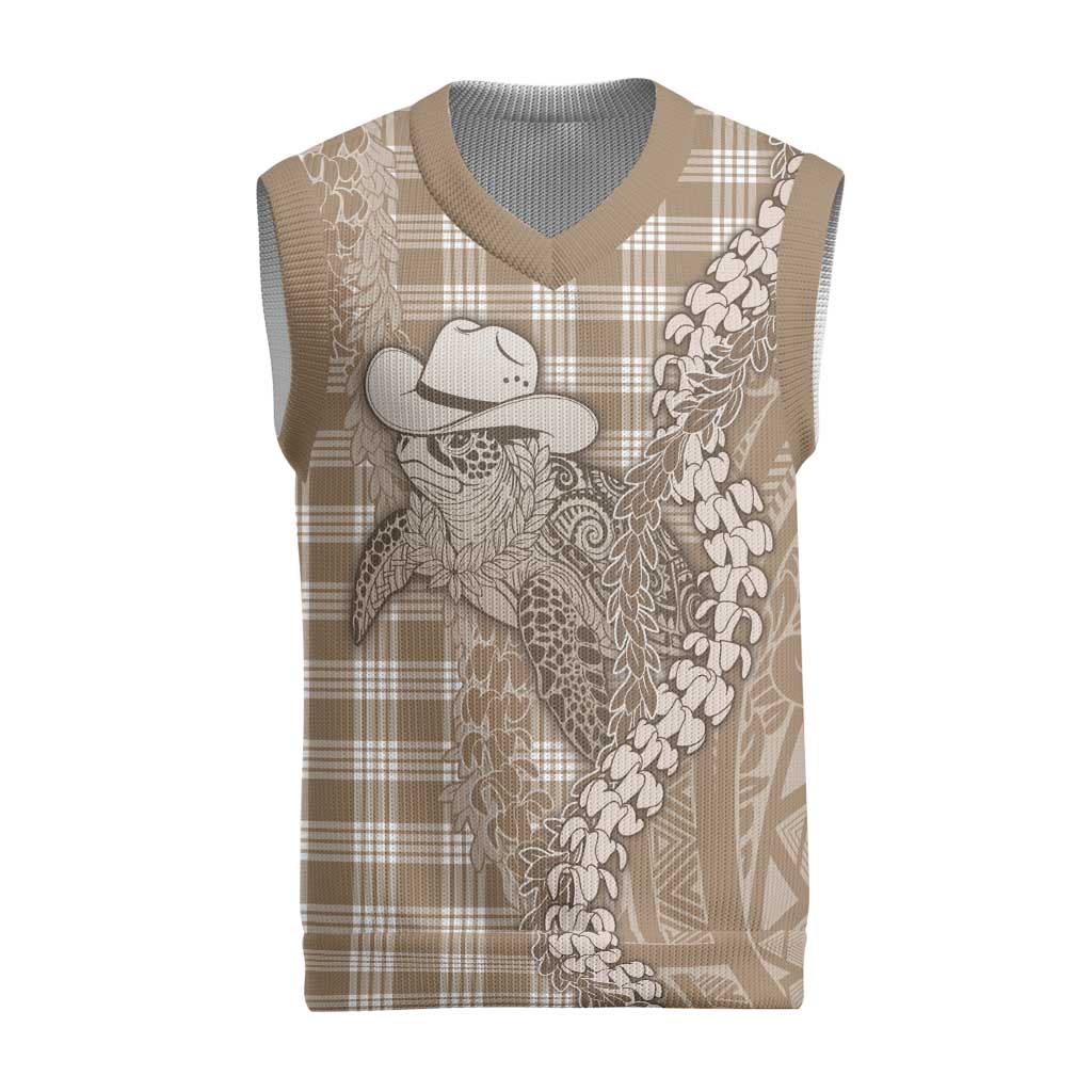 Beige Hawaii Palaka Cowboy Turtle Christmas Knitted V-Neck Vest Hawaiian Paniolo Puakenikeni Maile Lei DT05 Beige - Polynesian Pride