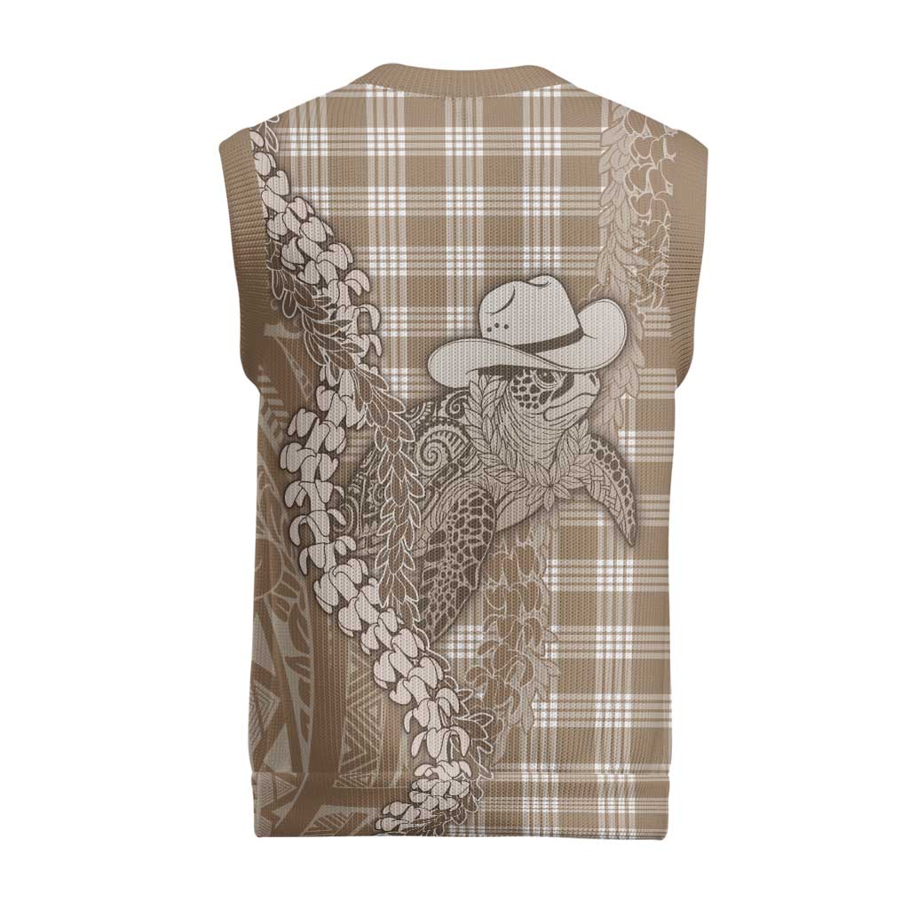 Beige Hawaii Palaka Cowboy Turtle Christmas Knitted V-Neck Vest Hawaiian Paniolo Puakenikeni Maile Lei DT05 - Polynesian Pride