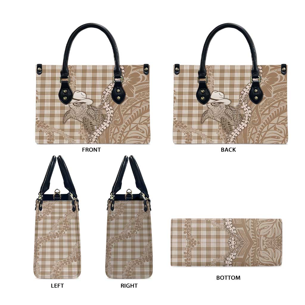 Beige Hawaii Palaka Cowboy Turtle Leather Bag Hawaiian Paniolo Puakenikeni Maile Lei - Polynesian Pride