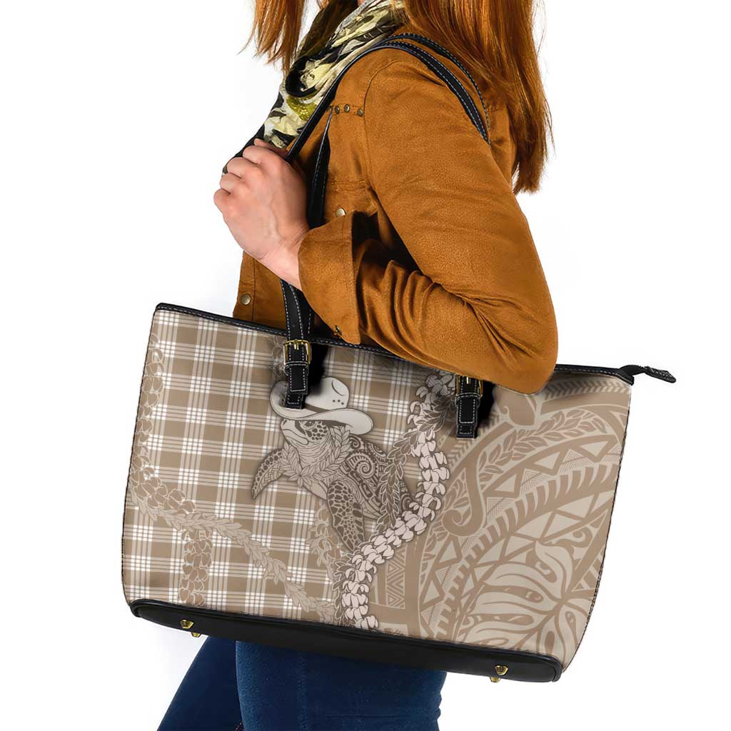 Beige Hawaii Palaka Cowboy Turtle Leather Tote Bag Hawaiian Paniolo Puakenikeni Maile Lei - Polynesian Pride