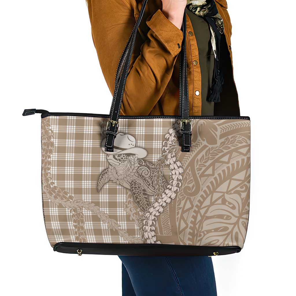Beige Hawaii Palaka Cowboy Turtle Leather Tote Bag Hawaiian Paniolo Puakenikeni Maile Lei - Polynesian Pride