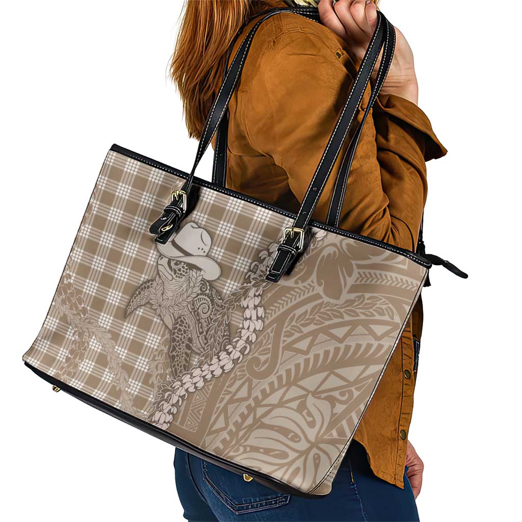 Beige Hawaii Palaka Cowboy Turtle Leather Tote Bag Hawaiian Paniolo Puakenikeni Maile Lei - Polynesian Pride