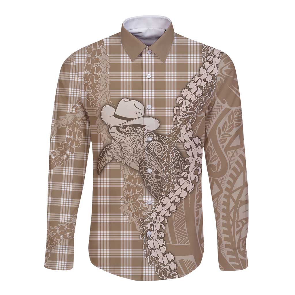 Beige Hawaii Palaka Cowboy Turtle Long Sleeve Button Shirt Hawaiian Paniolo Puakenikeni Maile Lei - Polynesian Pride
