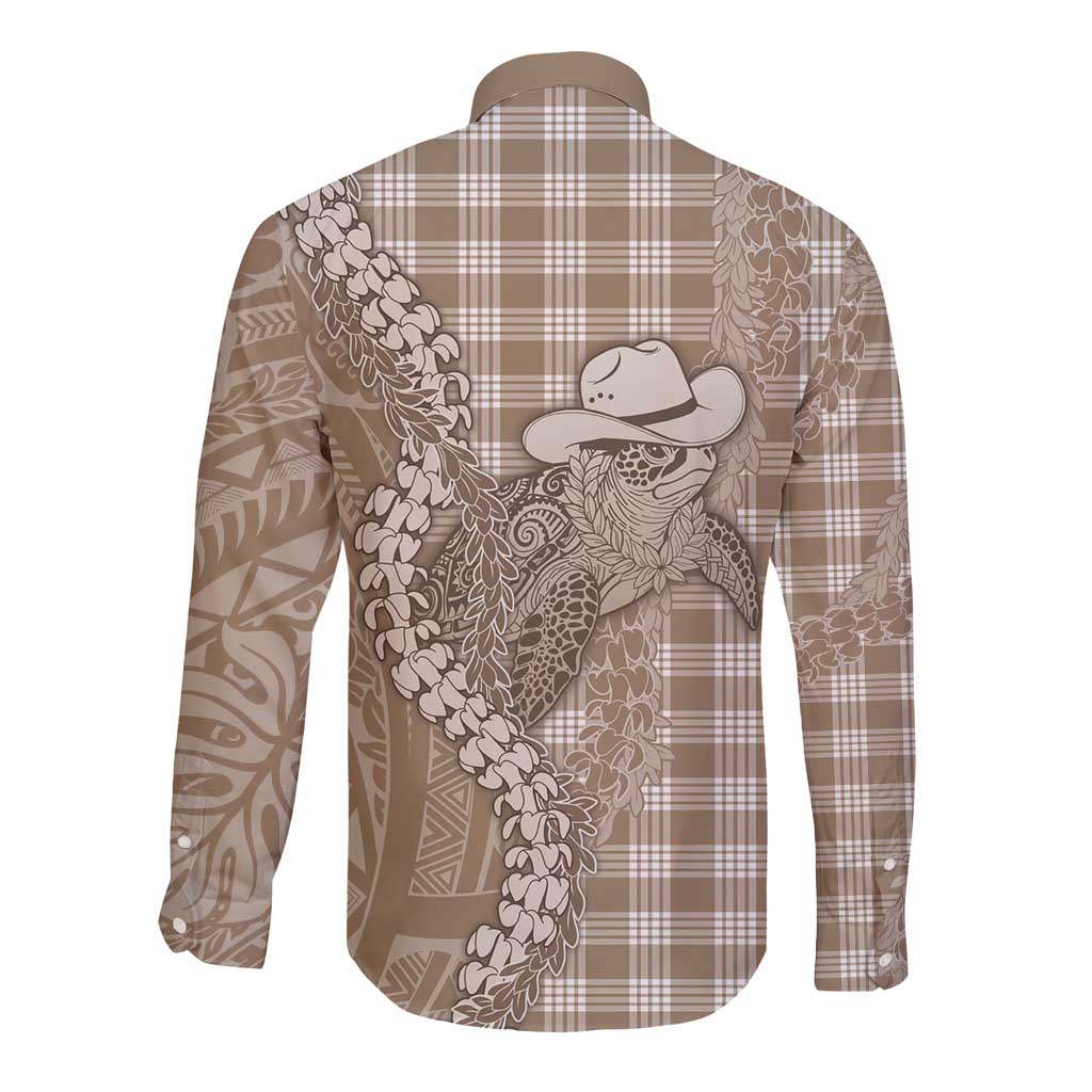 Beige Hawaii Palaka Cowboy Turtle Long Sleeve Button Shirt Hawaiian Paniolo Puakenikeni Maile Lei - Polynesian Pride