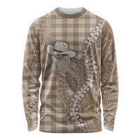 Beige Hawaii Palaka Cowboy Turtle Long Sleeve Shirt Hawaiian Paniolo Puakenikeni Maile Lei - Polynesian Pride