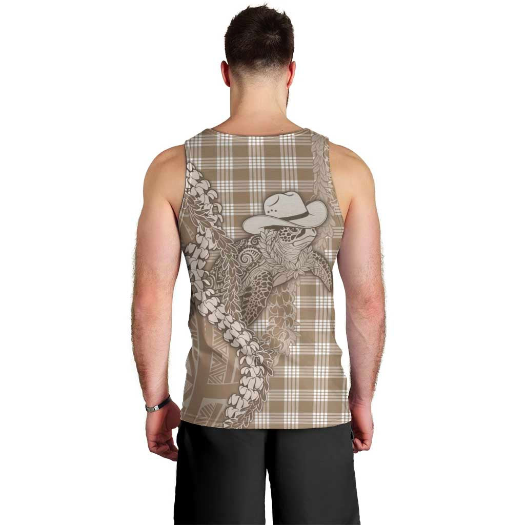Beige Hawaii Palaka Cowboy Turtle Men Tank Top Hawaiian Paniolo Puakenikeni Maile Lei - Polynesian Pride
