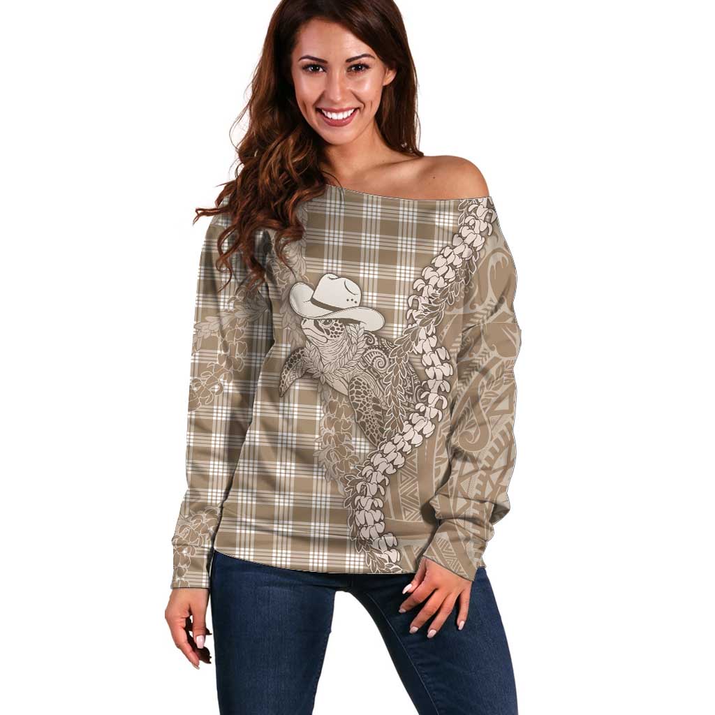 Beige Hawaii Palaka Cowboy Turtle Off Shoulder Sweater Hawaiian Paniolo Puakenikeni Maile Lei - Polynesian Pride