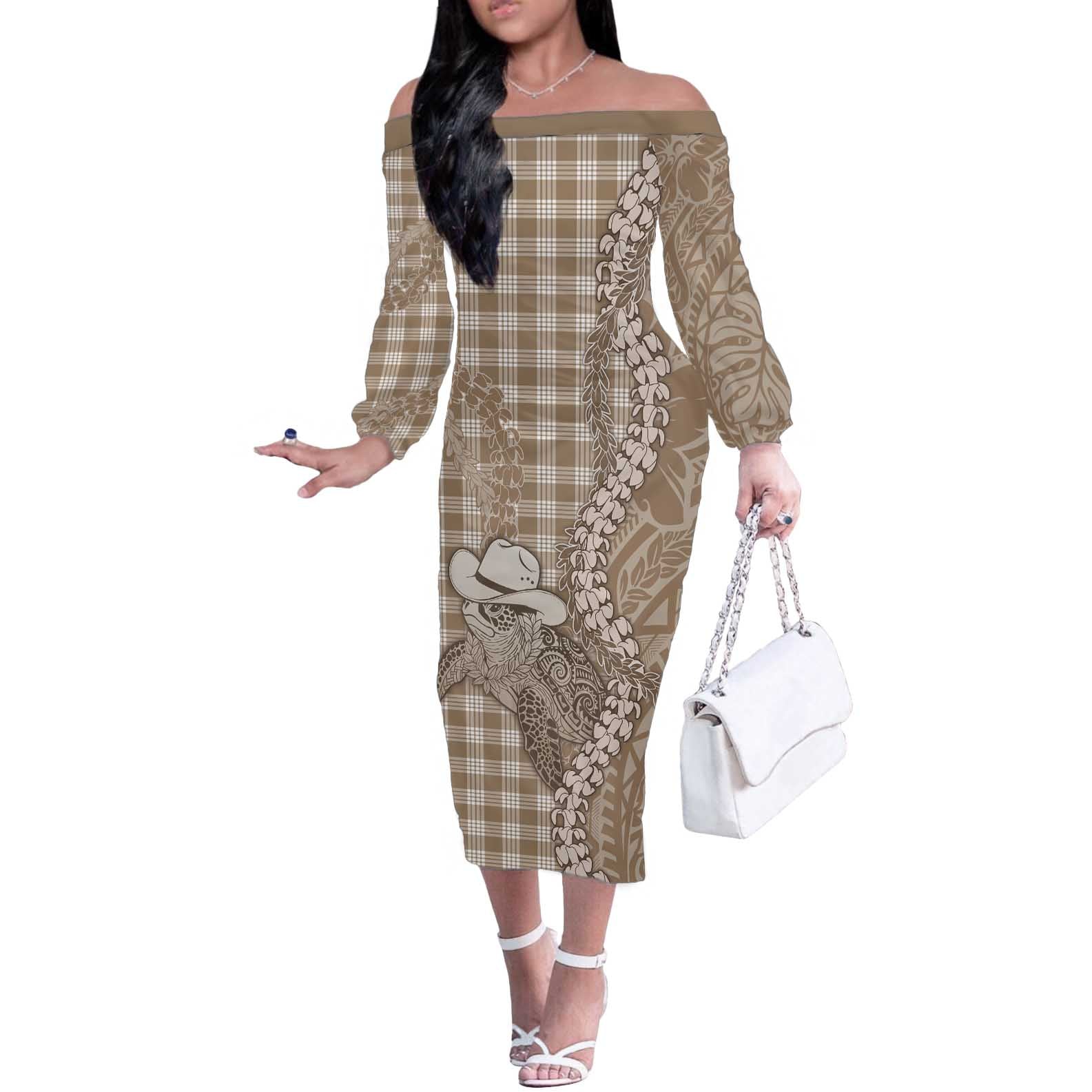 Beige Hawaii Palaka Cowboy Turtle Off The Shoulder Long Sleeve Dress Hawaiian Paniolo Puakenikeni Maile Lei - Polynesian Pride
