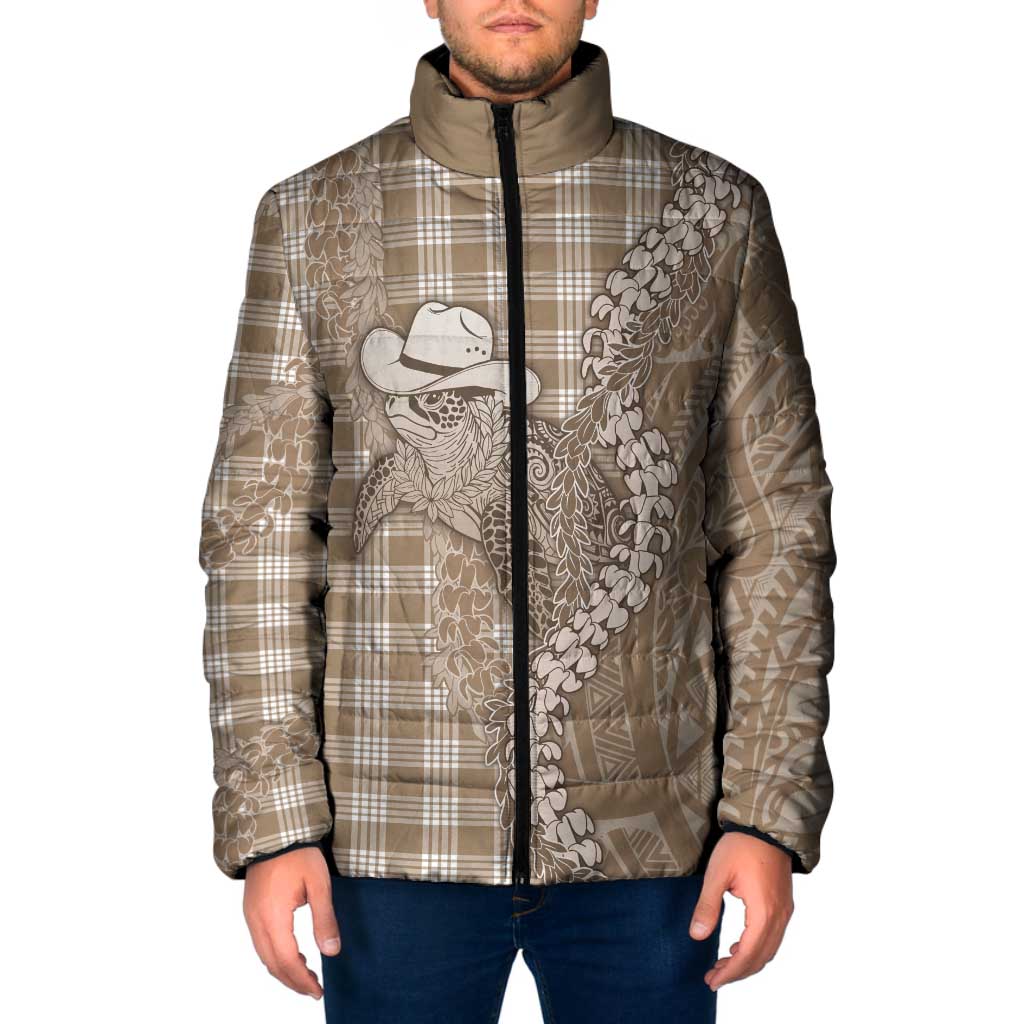 Beige Hawaii Palaka Cowboy Turtle Padded Jacket Hawaiian Paniolo Puakenikeni Maile Lei - Polynesian Pride