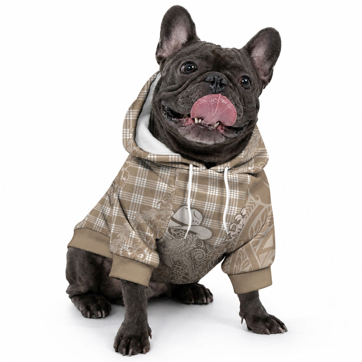 Beige Hawaii Palaka Cowboy Turtle Pet Hoodie Hawaiian Paniolo Puakenikeni Maile Lei
