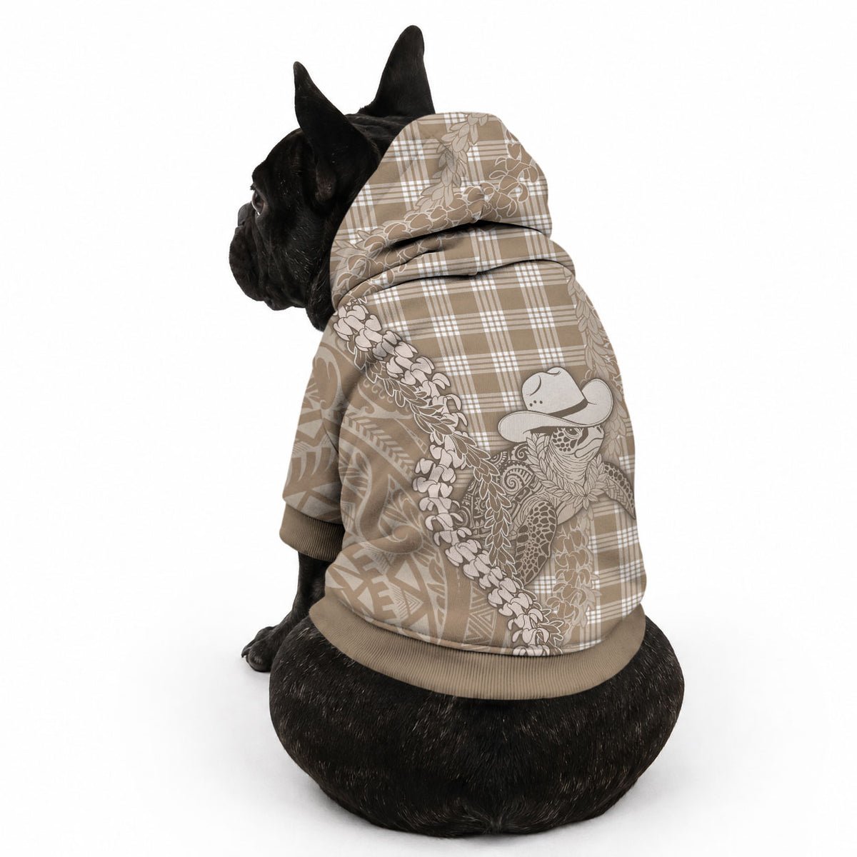 Beige Hawaii Palaka Cowboy Turtle Pet Hoodie Hawaiian Paniolo Puakenikeni Maile Lei