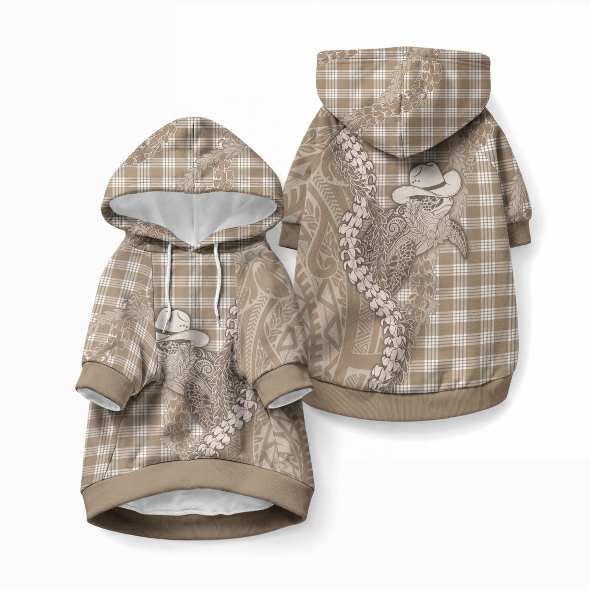 Beige Hawaii Palaka Cowboy Turtle Pet Hoodie Hawaiian Paniolo Puakenikeni Maile Lei
