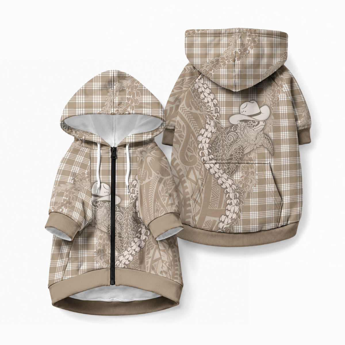 Beige Hawaii Palaka Cowboy Turtle Pet Hoodie Hawaiian Paniolo Puakenikeni Maile Lei