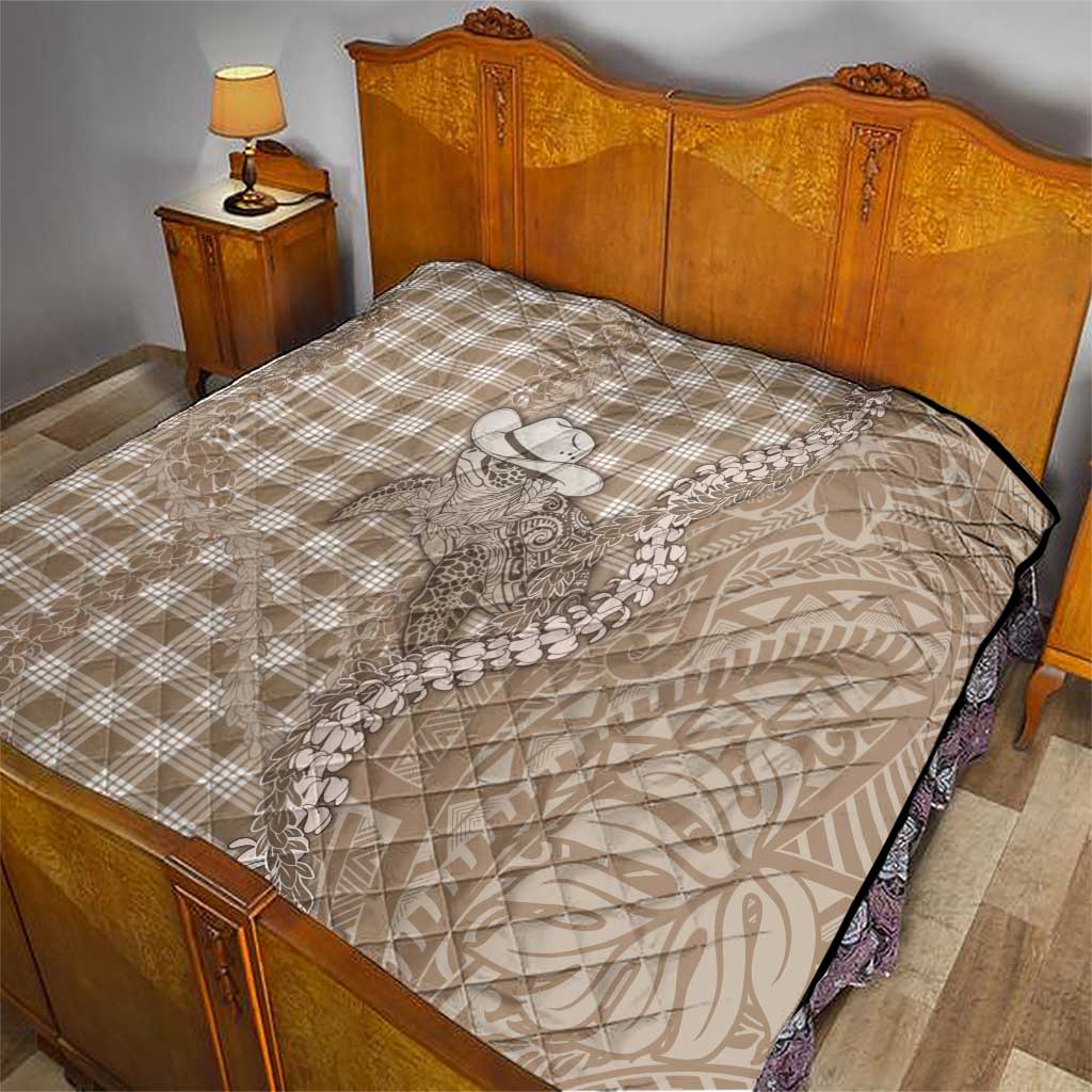 Beige Hawaii Palaka Cowboy Turtle Quilt Hawaiian Paniolo Puakenikeni Maile Lei - Polynesian Pride