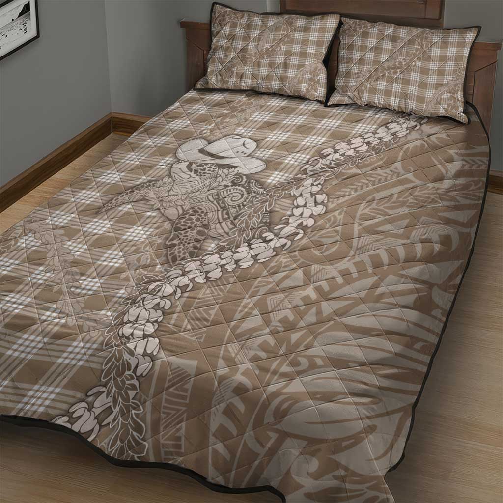 Beige Hawaii Palaka Cowboy Turtle Quilt Bed Set Hawaiian Paniolo Puakenikeni Maile Lei - Polynesian Pride