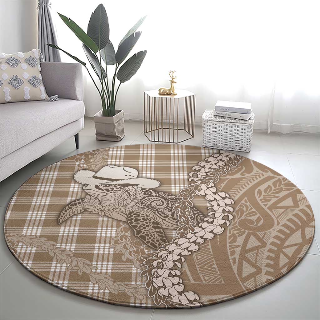 Beige Hawaii Palaka Cowboy Turtle Round Carpet Hawaiian Paniolo Puakenikeni Maile Lei - Polynesian Pride