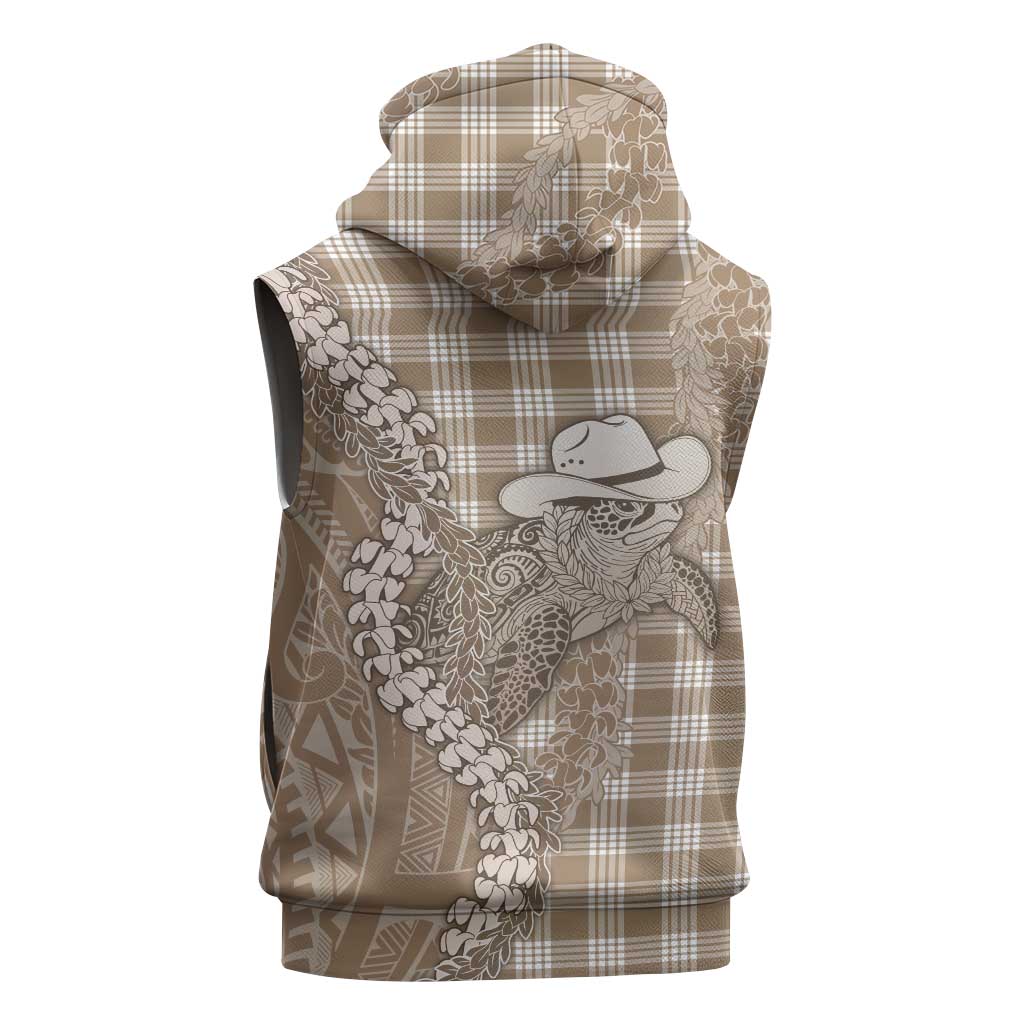 Beige Hawaii Palaka Cowboy Turtle Sleeveless Hoodie Hawaiian Paniolo Puakenikeni Maile Lei DT05 - Polynesian Pride