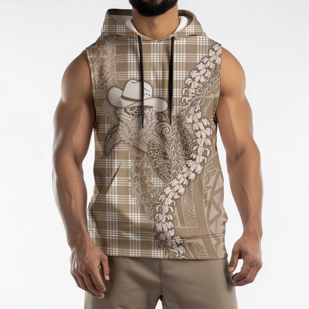 Beige Hawaii Palaka Cowboy Turtle Sleeveless Hoodie Hawaiian Paniolo Puakenikeni Maile Lei DT05 - Polynesian Pride