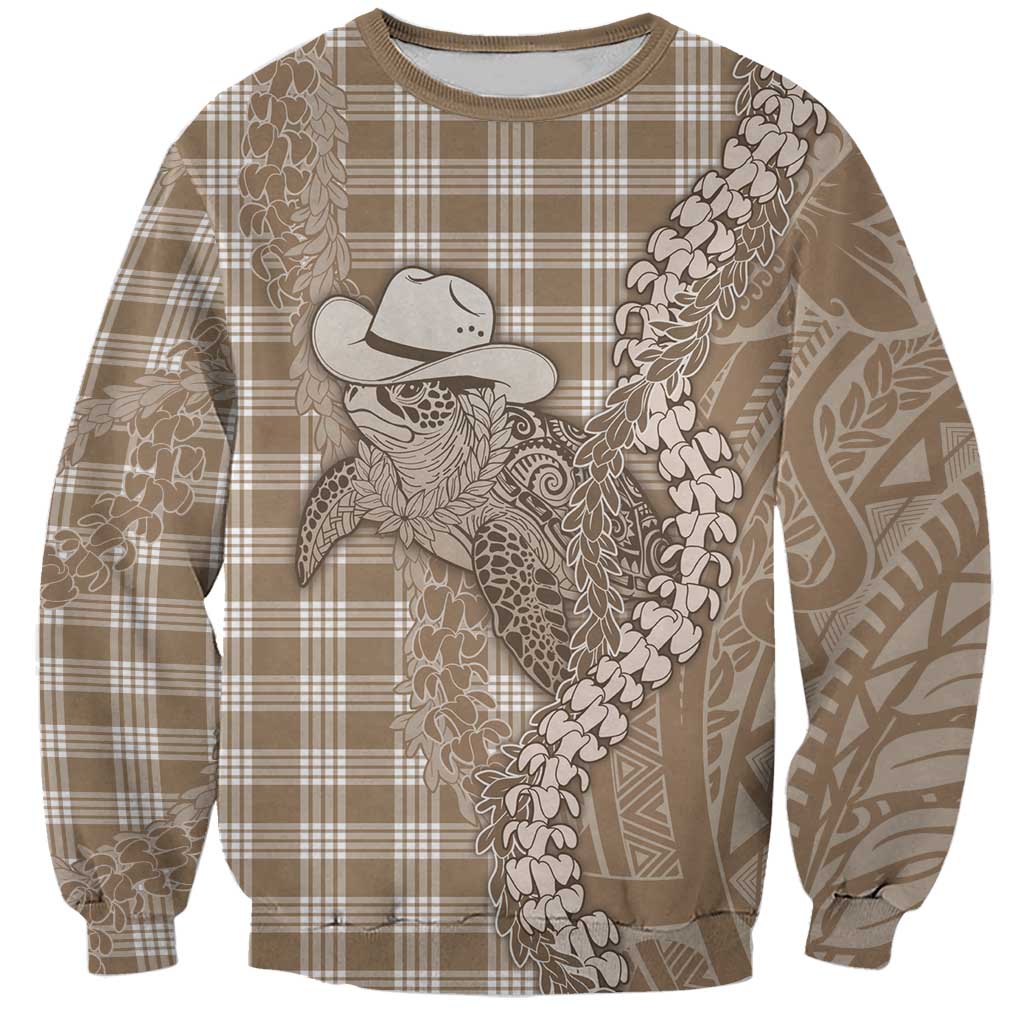 Beige Hawaii Palaka Cowboy Turtle Sweatshirt Hawaiian Paniolo Puakenikeni Maile Lei - Polynesian Pride