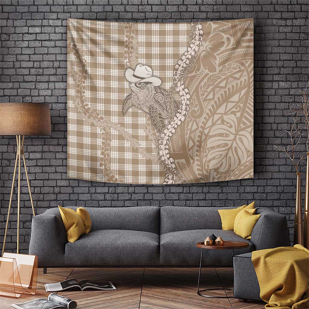 Beige Hawaii Palaka Cowboy Turtle Tapestry Hawaiian Paniolo Puakenikeni Maile Lei - Polynesian Pride