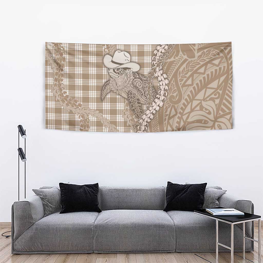 Beige Hawaii Palaka Cowboy Turtle Tapestry Hawaiian Paniolo Puakenikeni Maile Lei - Polynesian Pride