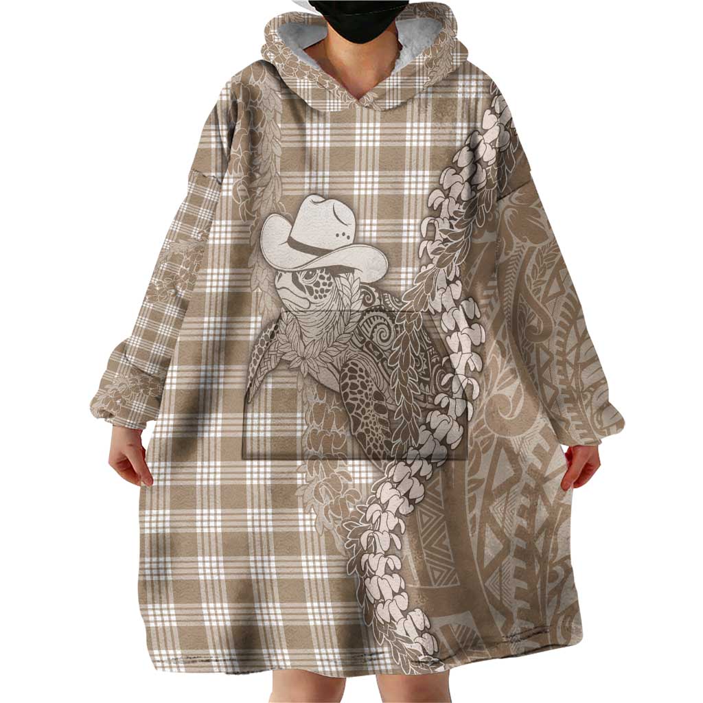 Beige Hawaii Palaka Cowboy Turtle Wearable Blanket Hoodie Hawaiian Paniolo Puakenikeni Maile Lei DT05 - Polynesian Pride