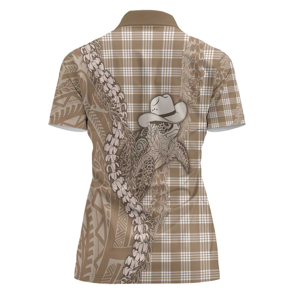 Beige Hawaii Palaka Cowboy Turtle Women Polo Shirt Hawaiian Paniolo Puakenikeni Maile Lei - Polynesian Pride