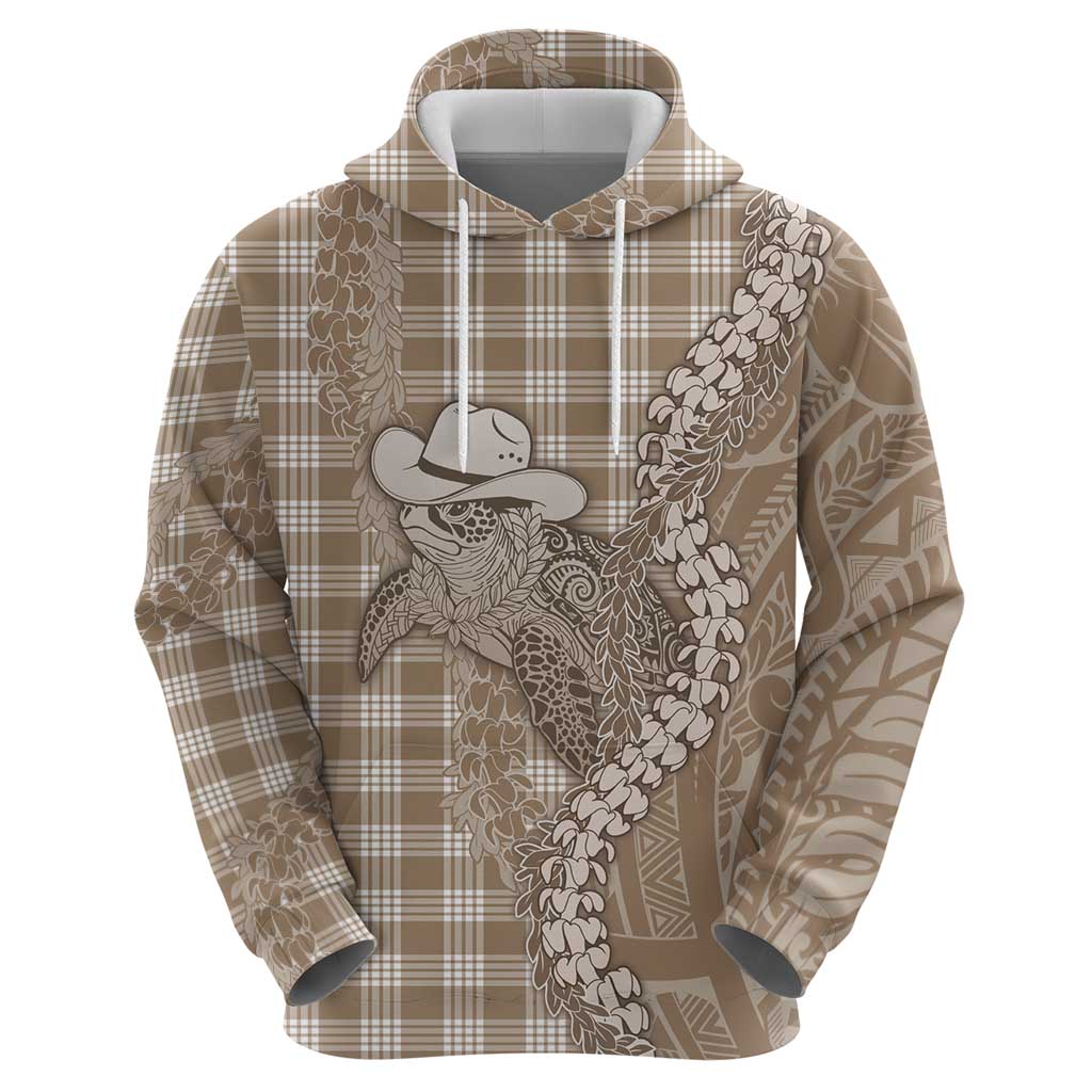 Beige Hawaii Palaka Cowboy Turtle Zip Hoodie Hawaiian Paniolo Puakenikeni Maile Lei - Polynesian Pride