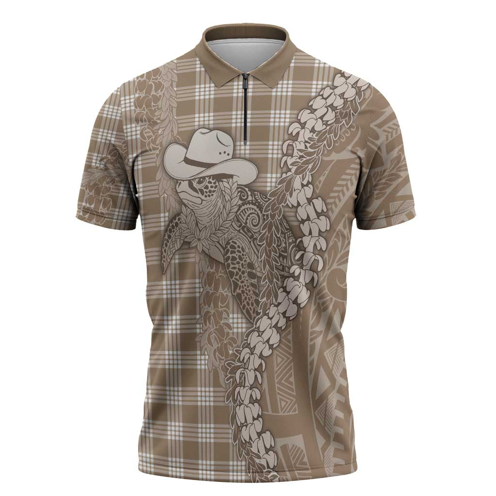 Beige Hawaii Palaka Cowboy Turtle Zipper Polo Shirt Hawaiian Paniolo Puakenikeni Maile Lei - Polynesian Pride
