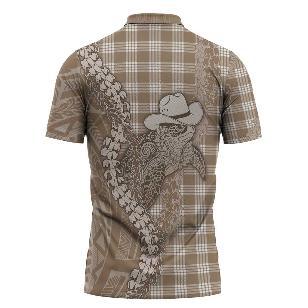 Beige Hawaii Palaka Cowboy Turtle Zipper Polo Shirt Hawaiian Paniolo Puakenikeni Maile Lei - Polynesian Pride