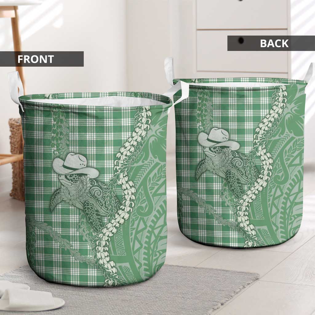 Green Hawaii Palaka Cowboy Turtle Laundry Basket Hawaiian Paniolo Puakenikeni Maile Lei - Polynesian Pride