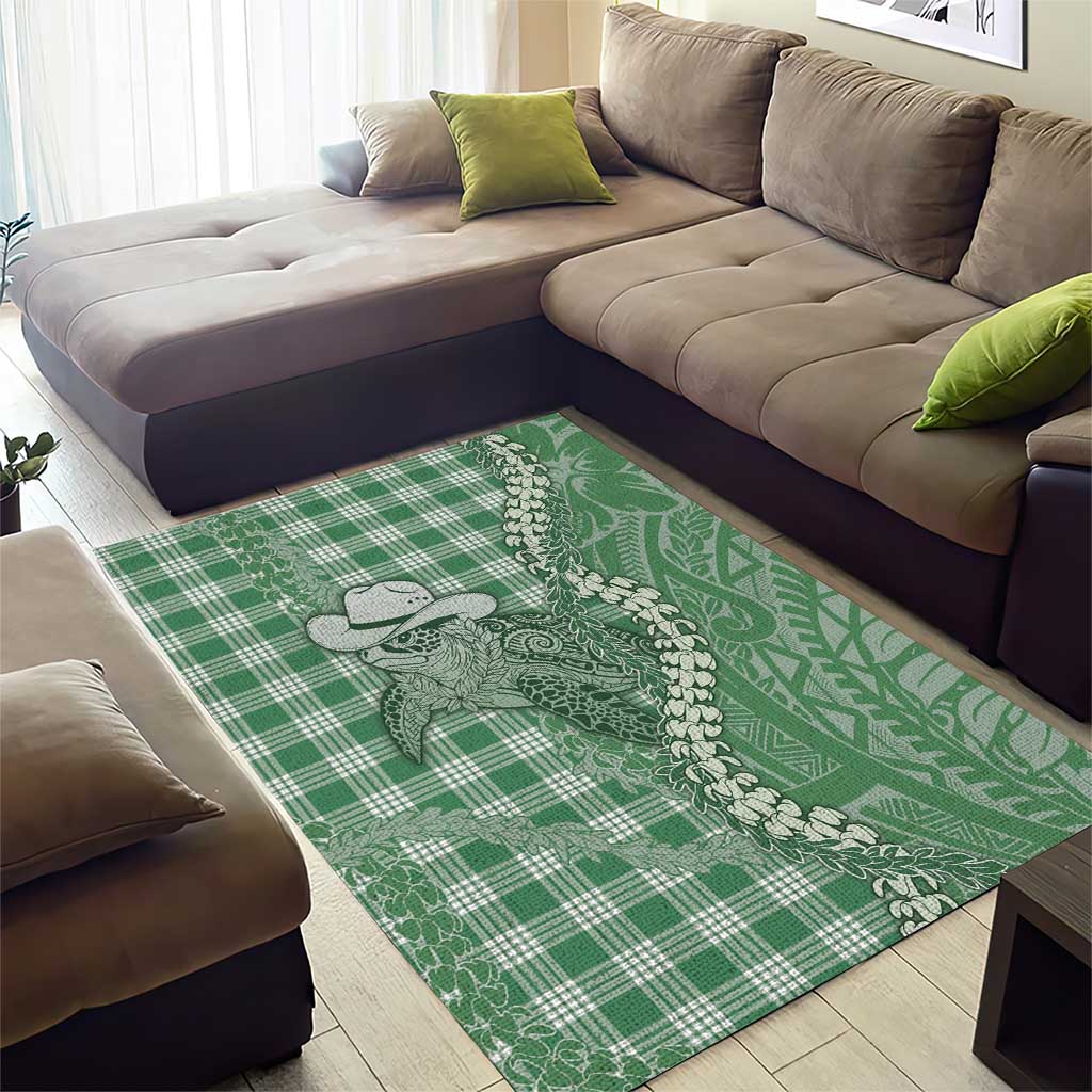 Green Hawaii Palaka Cowboy Turtle Area Rug Hawaiian Paniolo Puakenikeni Maile Lei - Polynesian Pride