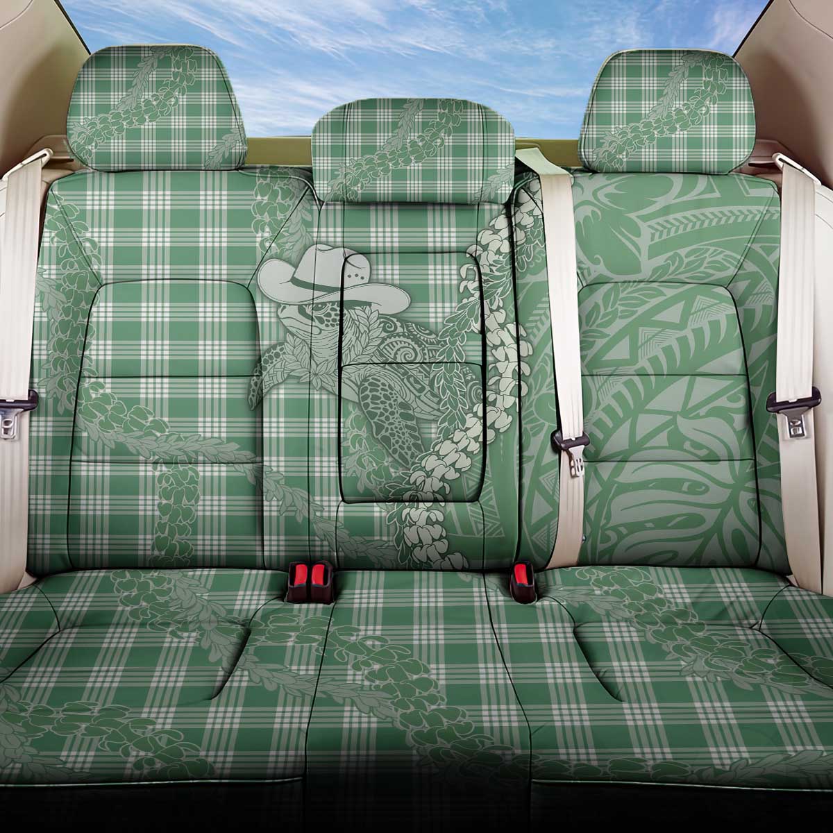 Green Hawaii Palaka Cowboy Turtle Back Car Seat Cover Hawaiian Paniolo Puakenikeni Maile Lei - Polynesian Pride